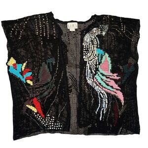 VTG 90s LIMS Black Beaded Sequined Bird Parrot Crochet Knit Cardigan Womens M